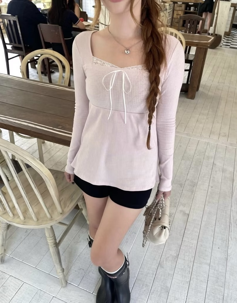 Janetier Pink Long-sleeved Square Neck Shirt